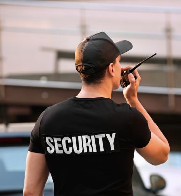guard talking on walkie talkie